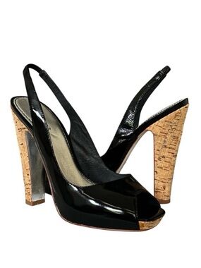 BeBe Black Patent Leather Peep Toe Slingback High Heel Sandals Size 9